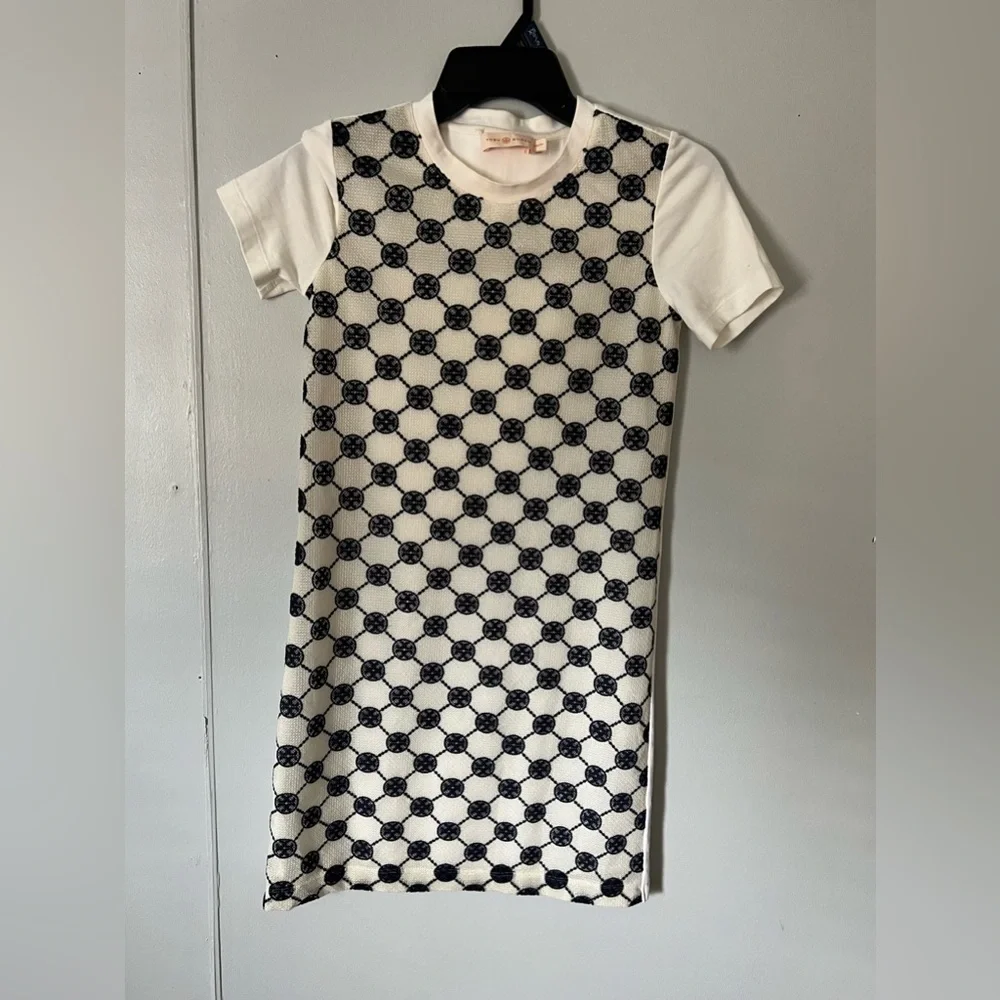 Tory Burch White and Black Geometric Short Sleeve Top